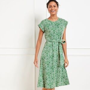 Talbots Fit & Flare Midi Dress in Green Woodland Damask Print NWT Large Petite